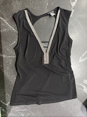 VENUS NWOT Black Sleeveless Tank with Rhinestone V-Neck